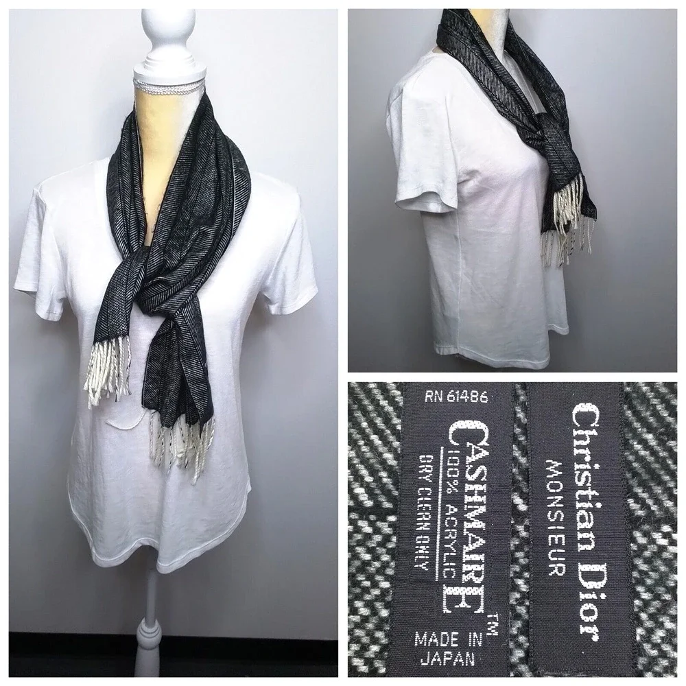 Christian Dior Monsieur Scarf Cashmaire White Black 100% Acrylic #W2900